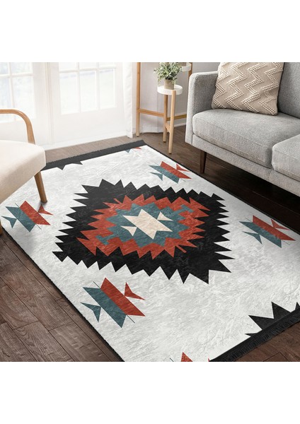 Siyah Zeminde Retro Motifli Kilim Desenli Geometrik Klasik Dijital Baskılı Makinede Yıkanabilir Kaymaz Taban Saçaklı Halı indirimleri
