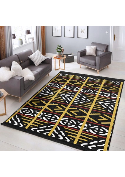 Hardal - Siyah Zeminde Etnik Motifli Vintage Desenli Geometrik Etnik Motifler Dijital Baskılı Makinede Yıkanabilir Kaymaz Taban Saçaklı Halı