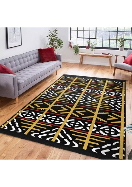 Hardal - Siyah Zeminde Etnik Motifli Vintage Desenli Geometrik Etnik Motifler Dijital Baskılı Makinede Yıkanabilir Kaymaz Taban Saçaklı Halı