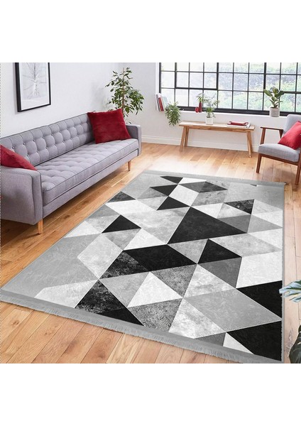 Siyah - Beyaz Zeminde Geometrik Motifli Mermer Desenli Geometrik Koridor & Antre Banyo Dijital Baskılı Makinede Yıkanabilir Kaymaz Taban Saçaklı Halı indirimleri