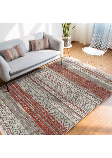 Renkli Zeminde Kilim Motifli Baklava Desenli Etnik Motifler Vintage Dijital Baskılı Makinede Yıkanabilir Kaymaz Taban Saçaklı Halı