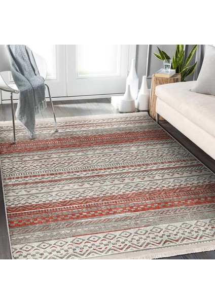 Renkli Zeminde Kilim Motifli Baklava Desenli Etnik Motifler Vintage Dijital Baskılı Makinede Yıkanabilir Kaymaz Taban Saçaklı Halı