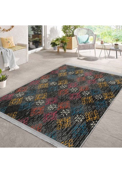 Otantik Zeminde Örme Motifli Kilim Desenli Eskitme Motifli Vintage Dijital Baskılı Makinede Yıkanabilir Kaymaz Taban Saçaklı Halı