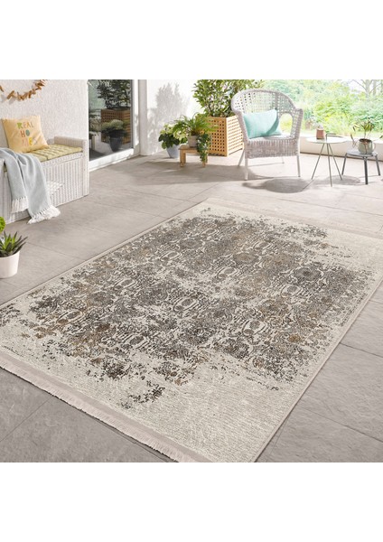 Krem Zeminde Antik Motifli Eskitme Desenli Eskitme Motifli Vintage Dijital Baskılı Makinede Yıkanabilir Kaymaz Taban Saçaklı Halı