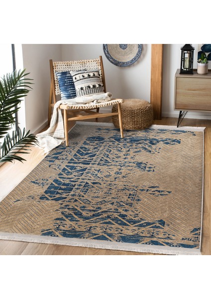 Bej - Mavi Zeminde Otantik Motifli Kilim Desenli Eskitme Motifli Vintage Dijital Baskılı Makinede Yıkanabilir Kaymaz Taban Saçaklı Halı fiyatları