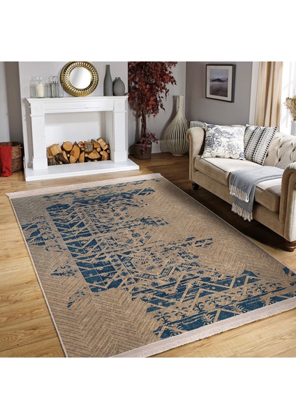 Bej - Mavi Zeminde Otantik Motifli Kilim Desenli Eskitme Motifli Vintage Dijital Baskılı Makinede Yıkanabilir Kaymaz Taban Saçaklı Halı modelleri