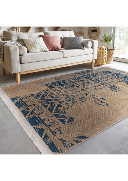 Bej - Mavi Zeminde Otantik Motifli Kilim Desenli Eskitme Motifli Vintage Dijital Baskılı Makinede Yıkanabilir Kaymaz Taban Saçaklı Halı indirimleri