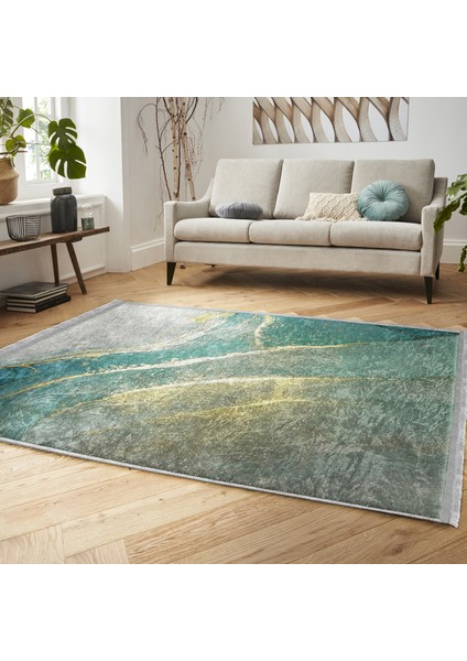 Gold - Turkuaz Zeminde Altın Motifli Mermer Desenli Modern Dış Mekan & Outdoor Yatak Odası Dijital Baskılı Makinede Yıkanabilir Kaymaz Taban Saçaklı Halı