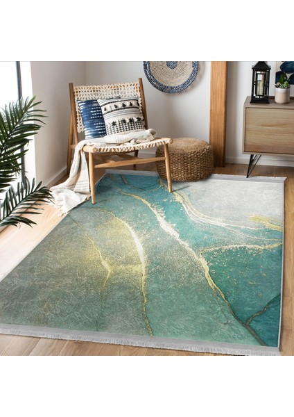 Gold - Turkuaz Zeminde Altın Motifli Mermer Desenli Modern Dış Mekan & Outdoor Yatak Odası Dijital Baskılı Makinede Yıkanabilir Kaymaz Taban Saçaklı Halı modelleri