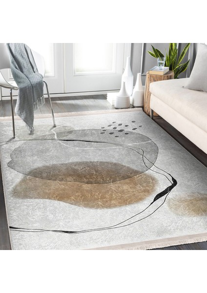 Gri - Bej Zeminde Kanvas Motifli Soyut Yağlıboya Desenli Bohem Klasik Banyo Yatak Odası Dijital Baskılı Makinede Yıkanabilir Kaymaz Taban Saçaklı Halı indirimleri