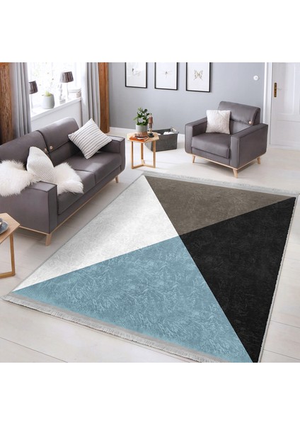 Siyah - Mavi Zeminde Üçgen Motifli Geometrik Desenli Geometrik Klasik Banyo Ofis Dijital Baskılı Makinede Yıkanabilir Kaymaz Taban Saçaklı Halı fiyatları