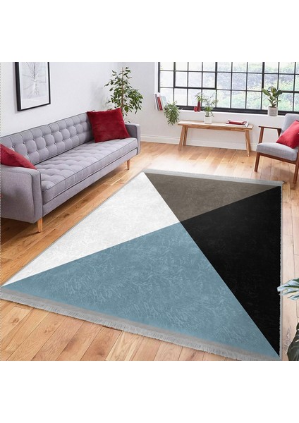 Siyah - Mavi Zeminde Üçgen Motifli Geometrik Desenli Geometrik Klasik Banyo Ofis Dijital Baskılı Makinede Yıkanabilir Kaymaz Taban Saçaklı Halı modelleri