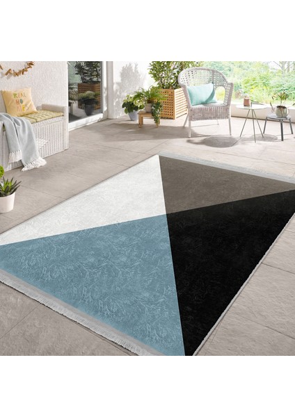 Siyah - Mavi Zeminde Üçgen Motifli Geometrik Desenli Geometrik Klasik Banyo Ofis Dijital Baskılı Makinede Yıkanabilir Kaymaz Taban Saçaklı Halı indirimleri