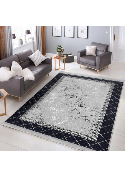 Siyah - Gri Zeminde Çerçeveli Motifli Mermer Desenli Geometrik Klasik Dijital Baskılı Makinede Yıkanabilir Kaymaz Taban Saçaklı Halı fiyatları