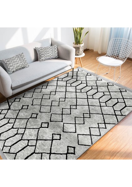Gri - Siyah Zeminde Etnik Motifli Geleneksel Desenli Etnik Motifler Geometrik Dijital Baskılı Makinede Yıkanabilir Kaymaz Taban Saçaklı Halı modelleri