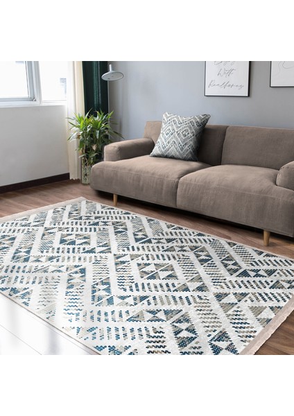 Mavi Zeminde Yöresel Motifli Kilim Desenli Geometrik Etnik Motifler Dijital Baskılı Makinede Yıkanabilir Kaymaz Taban Saçaklı Halı