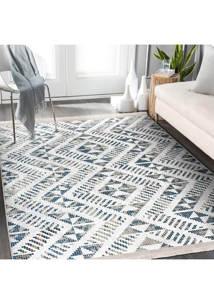 Mavi Zeminde Yöresel Motifli Kilim Desenli Geometrik Etnik Motifler Dijital Baskılı Makinede Yıkanabilir Kaymaz Taban Saçaklı Halı fiyatları