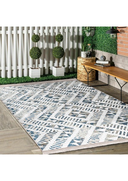 Mavi Zeminde Yöresel Motifli Kilim Desenli Geometrik Etnik Motifler Dijital Baskılı Makinede Yıkanabilir Kaymaz Taban Saçaklı Halı modelleri