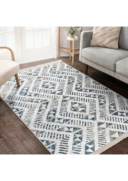 Mavi Zeminde Yöresel Motifli Kilim Desenli Geometrik Etnik Motifler Dijital Baskılı Makinede Yıkanabilir Kaymaz Taban Saçaklı Halı indirimleri