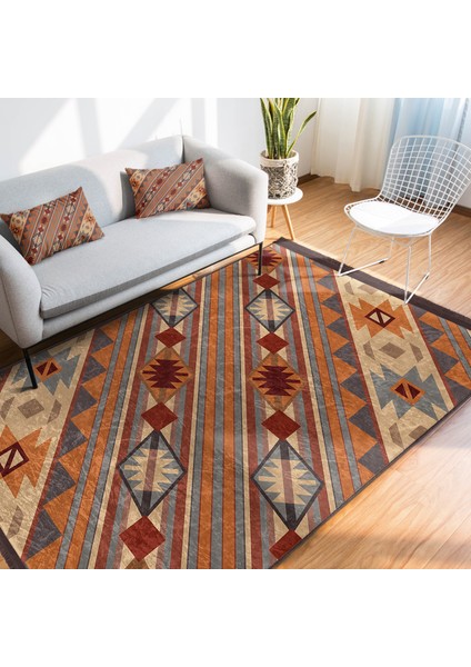 Etnik Zeminde Retro Motifli Kilim Desenli Vintage Etnik Motifler Dijital Baskılı Makinede Yıkanabilir Kaymaz Taban Saçaklı Halı