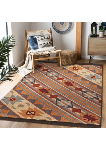 Etnik Zeminde Retro Motifli Kilim Desenli Vintage Etnik Motifler Dijital Baskılı Makinede Yıkanabilir Kaymaz Taban Saçaklı Halı