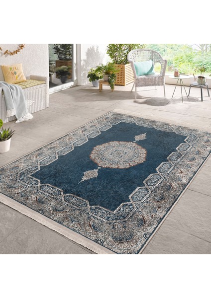 Mavi Zeminde Kilim Motifli Otantik Desenli Eskitme Motifli Avangarde Dijital Baskılı Makinede Yıkanabilir Kaymaz Taban Saçaklı Halı
