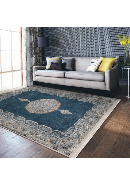 Mavi Zeminde Kilim Motifli Otantik Desenli Eskitme Motifli Avangarde Dijital Baskılı Makinede Yıkanabilir Kaymaz Taban Saçaklı Halı fiyatları