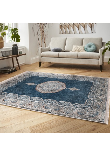 Mavi Zeminde Kilim Motifli Otantik Desenli Eskitme Motifli Avangarde Dijital Baskılı Makinede Yıkanabilir Kaymaz Taban Saçaklı Halı indirimleri