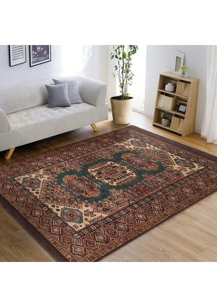 Kahverengi Zeminde Pers Motifli Kilim Desenli Avangarde Vintage Dijital Baskılı Makinede Yıkanabilir Kaymaz Taban Saçaklı Halı indirimleri