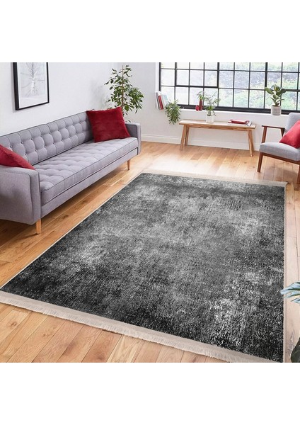 Gri Zeminde Dokuma Halı Motifli Eskitme Desenli Eskitme Motifli Vintage Dijital Baskılı Makinede Yıkanabilir Kaymaz Taban Saçaklı Halı