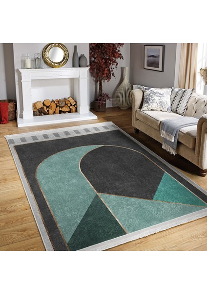 Gri Zeminde Geometrik Motifli Mordern Sanat Desenli Geometrik Modern Dijital Baskılı Makinede Yıkanabilir Kaymaz Taban Saçaklı Halı