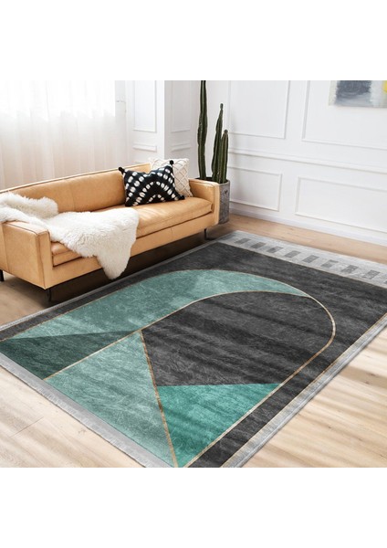 Gri Zeminde Geometrik Motifli Mordern Sanat Desenli Geometrik Modern Dijital Baskılı Makinede Yıkanabilir Kaymaz Taban Saçaklı Halı modelleri