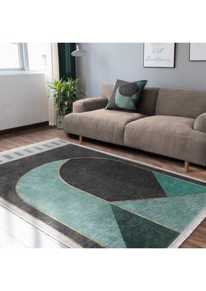 Gri Zeminde Geometrik Motifli Mordern Sanat Desenli Geometrik Modern Dijital Baskılı Makinede Yıkanabilir Kaymaz Taban Saçaklı Halı indirimleri