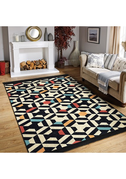 Krem - Kırmızı Zeminde Geometrik Motifli Art Deco Desenli Geometrik Koridor & Antre Banyo Dijital Baskılı Makinede Yıkanabilir Kaymaz Taban Saçaklı Halı
