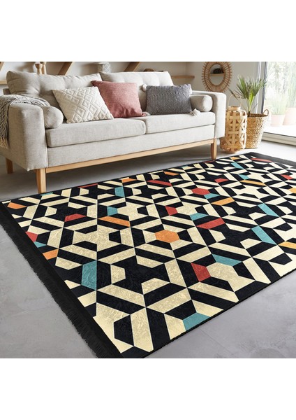Krem - Kırmızı Zeminde Geometrik Motifli Art Deco Desenli Geometrik Koridor & Antre Banyo Dijital Baskılı Makinede Yıkanabilir Kaymaz Taban Saçaklı Halı fiyatları