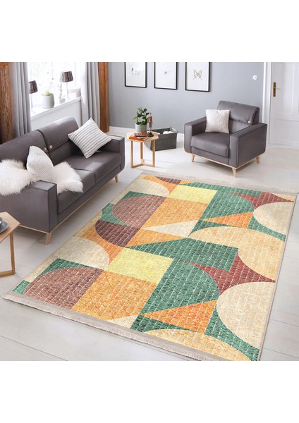 Rengarenk Zeminde Art Deco Motifli Kilim Desenli Geometrik Klasik Dijital Baskılı Makinede Yıkanabilir Kaymaz Taban Saçaklı Halı