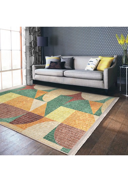 Rengarenk Zeminde Art Deco Motifli Kilim Desenli Geometrik Klasik Dijital Baskılı Makinede Yıkanabilir Kaymaz Taban Saçaklı Halı indirimleri