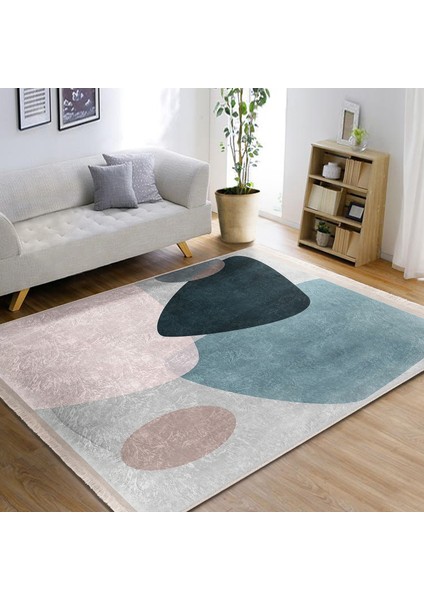 Lacivert - Mavi Zeminde Modern Sanat Motifli Tablo Desenli Bohem Dijital Baskılı Makinede Yıkanabilir Kaymaz Taban Saçaklı Halı fiyatları