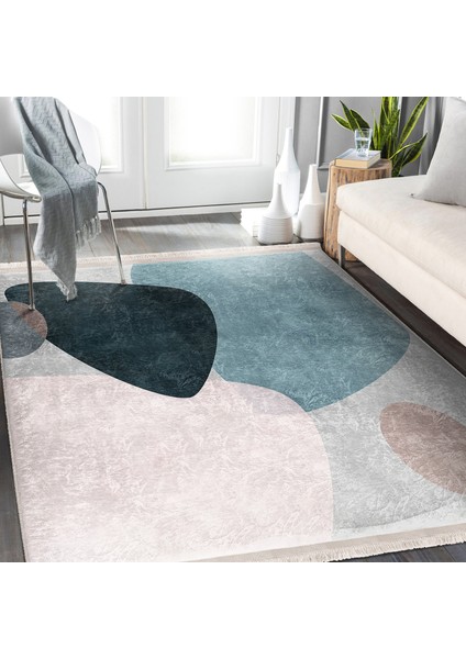Lacivert - Mavi Zeminde Modern Sanat Motifli Tablo Desenli Bohem Dijital Baskılı Makinede Yıkanabilir Kaymaz Taban Saçaklı Halı modelleri
