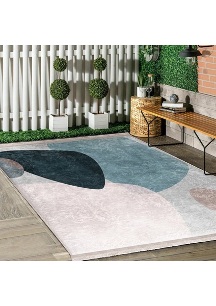Lacivert - Mavi Zeminde Modern Sanat Motifli Tablo Desenli Bohem Dijital Baskılı Makinede Yıkanabilir Kaymaz Taban Saçaklı Halı indirimleri