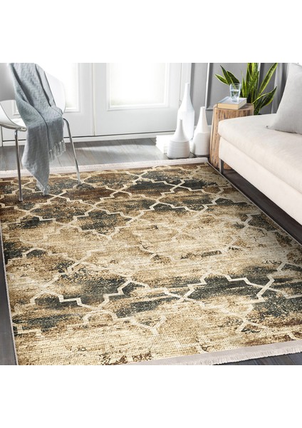 Krem Zeminde Morrocan Motifli Otantik Desenli Geometrik Eskitme Motifli Dijital Baskılı Makinede Yıkanabilir Kaymaz Taban Saçaklı Halı