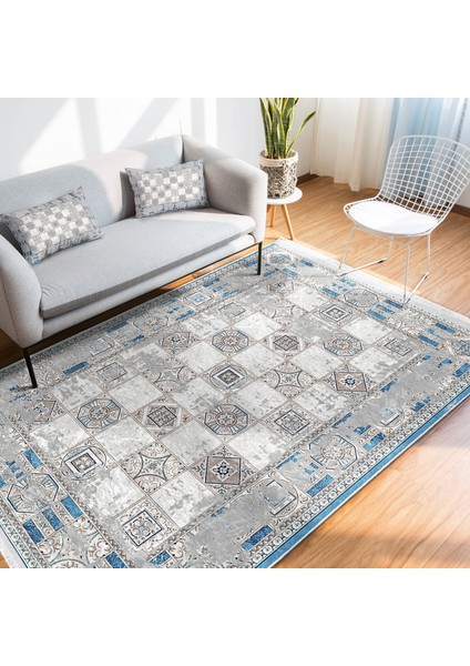 Gri - Mavi Zeminde Dokuma Halı Motifli Kilim Desenli Vintage Eskitme Motifli Dijital Baskılı Makinede Yıkanabilir Kaymaz Taban Saçaklı Halı