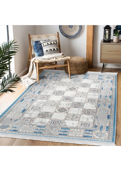 Gri - Mavi Zeminde Dokuma Halı Motifli Kilim Desenli Vintage Eskitme Motifli Dijital Baskılı Makinede Yıkanabilir Kaymaz Taban Saçaklı Halı fiyatları