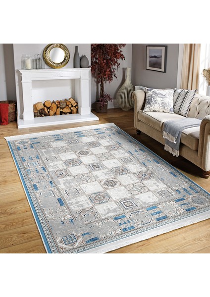 Gri - Mavi Zeminde Dokuma Halı Motifli Kilim Desenli Vintage Eskitme Motifli Dijital Baskılı Makinede Yıkanabilir Kaymaz Taban Saçaklı Halı modelleri