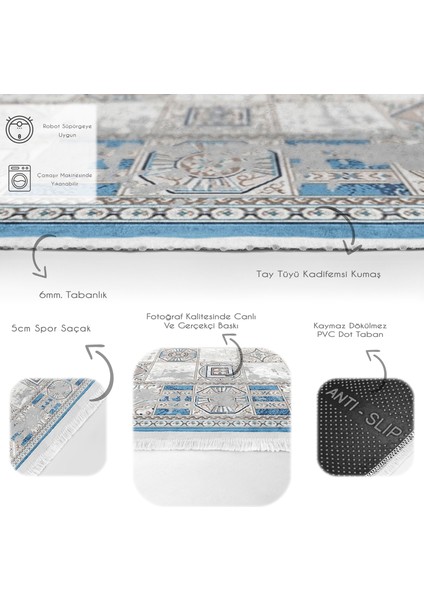 Gri - Mavi Zeminde Dokuma Halı Motifli Kilim Desenli Vintage Eskitme Motifli Dijital Baskılı Makinede Yıkanabilir Kaymaz Taban Saçaklı Halı fırsatları