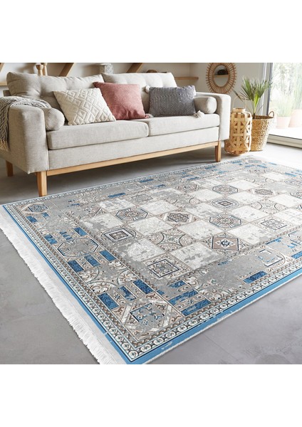 Gri - Mavi Zeminde Dokuma Halı Motifli Kilim Desenli Vintage Eskitme Motifli Dijital Baskılı Makinede Yıkanabilir Kaymaz Taban Saçaklı Halı indirimleri