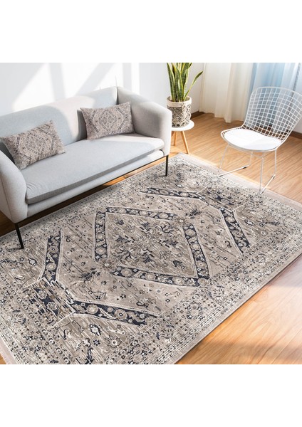 Krem Zeminde Vintage Motifli Hereke Desenli Avangarde Eskitme Motifli Dijital Baskılı Makinede Yıkanabilir Kaymaz Taban Saçaklı Halı