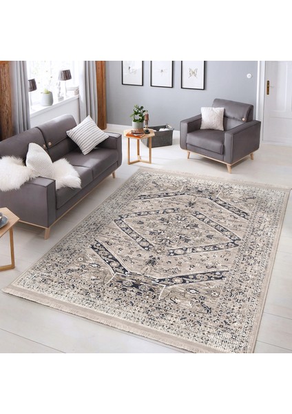 Krem Zeminde Vintage Motifli Hereke Desenli Avangarde Eskitme Motifli Dijital Baskılı Makinede Yıkanabilir Kaymaz Taban Saçaklı Halı modelleri