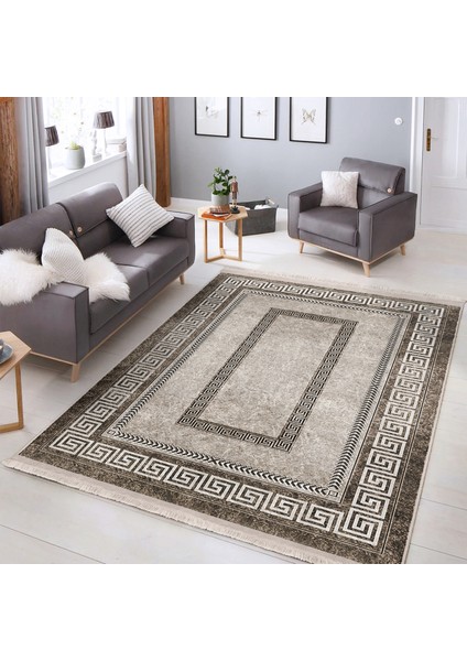 Kahverengi Zeminde Çerçeveli Motifli Antik Desenli Klasik Vintage Dijital Baskılı Makinede Yıkanabilir Kaymaz Taban Saçaklı Halı fiyatları