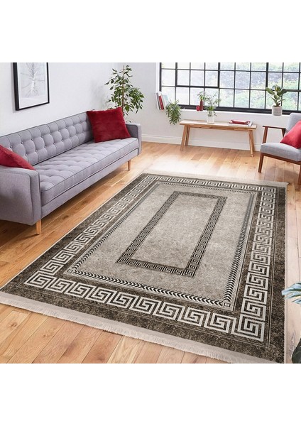 Kahverengi Zeminde Çerçeveli Motifli Antik Desenli Klasik Vintage Dijital Baskılı Makinede Yıkanabilir Kaymaz Taban Saçaklı Halı modelleri